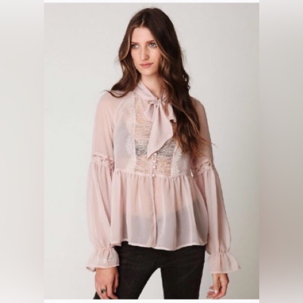 Free People Marquee Bow Tie Lace Sheer Blouse Baby Pink XS